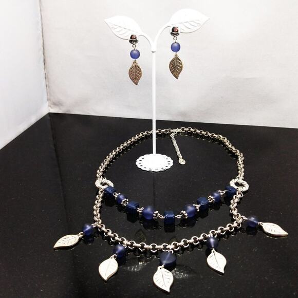 Robert Rose Blue Silver Leaf Necklace & Earrings Set, 21 Inches, 1 3/4 Inches - Picture 6 of 8